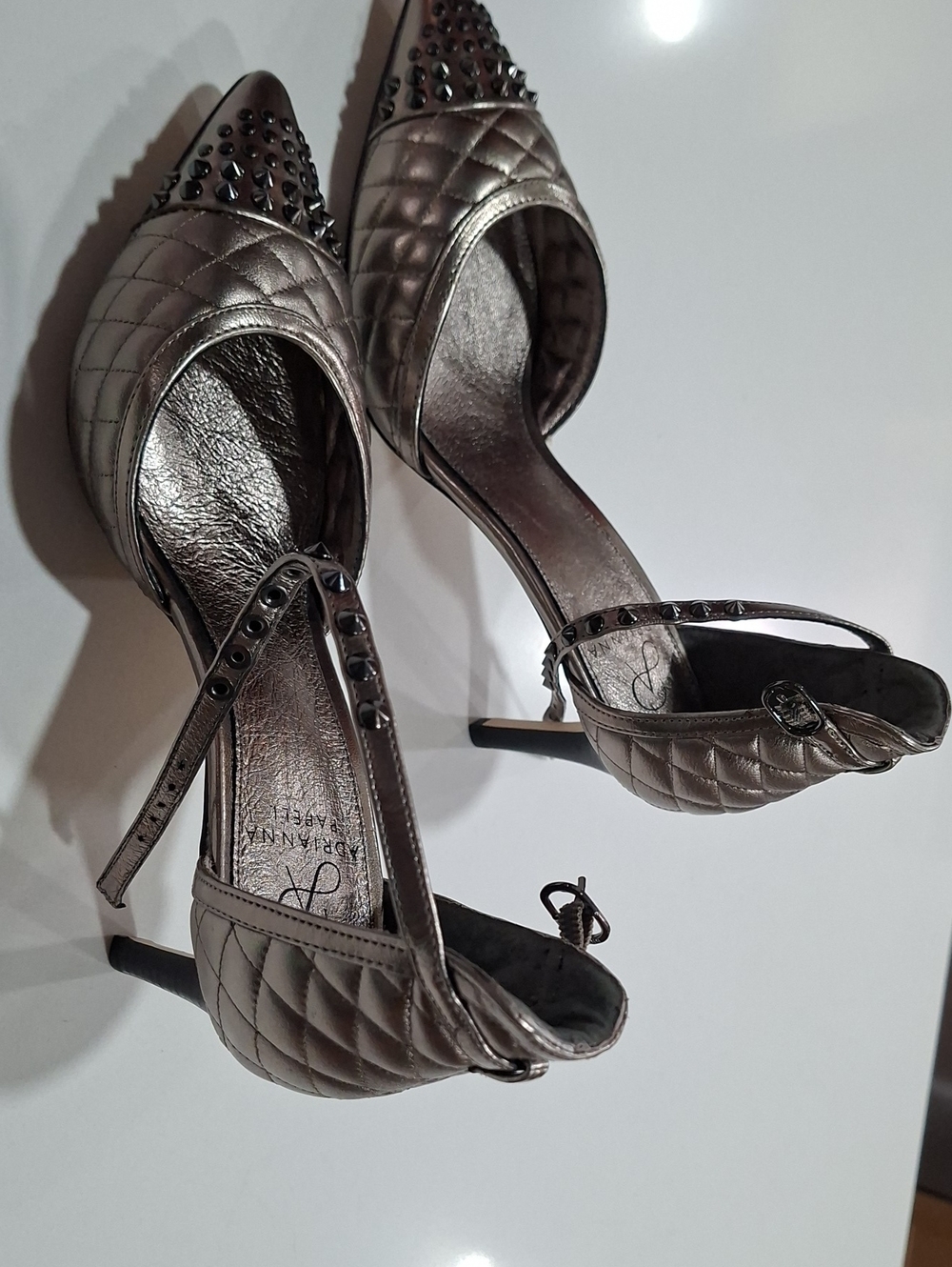 Metallic Quilted Pointed-Toe D'Orsay Heels with Studded Toe
